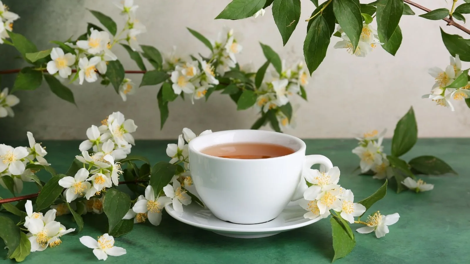 A white teacup filled with tea on a matching saucer, surrounded by white flowers and green leaves, with a green surface and light background.