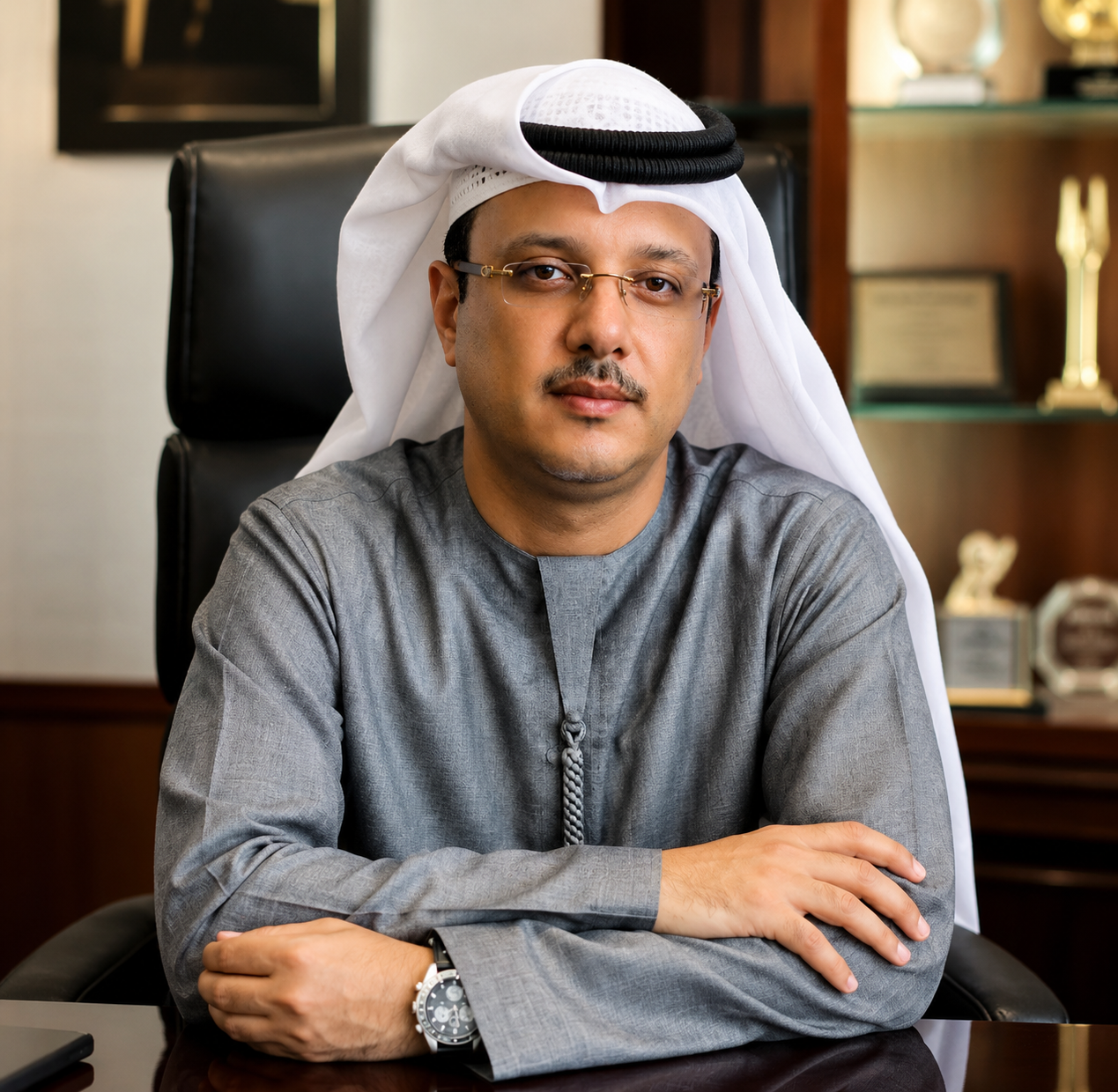Homme d'affaires arabe portant une tenue traditionnelle assis à un bureau dans un bureau avec des trophées en arrière-plan.