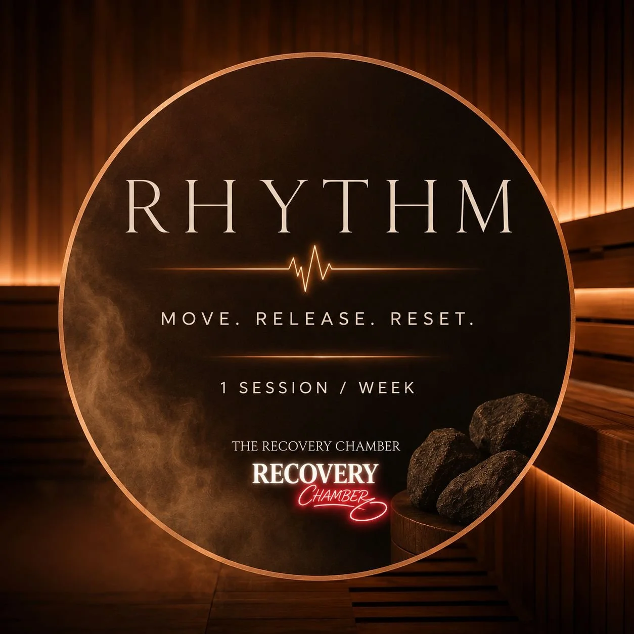 Promotional poster for a wellness program called Rhythm. It mentions movement, release, and reset as key components. The program offers one session per week at The Recovery Chamber, a facility focused on recovery. The design features warm lighting, smoke effects, and rocks, with a heart rate line graphic.