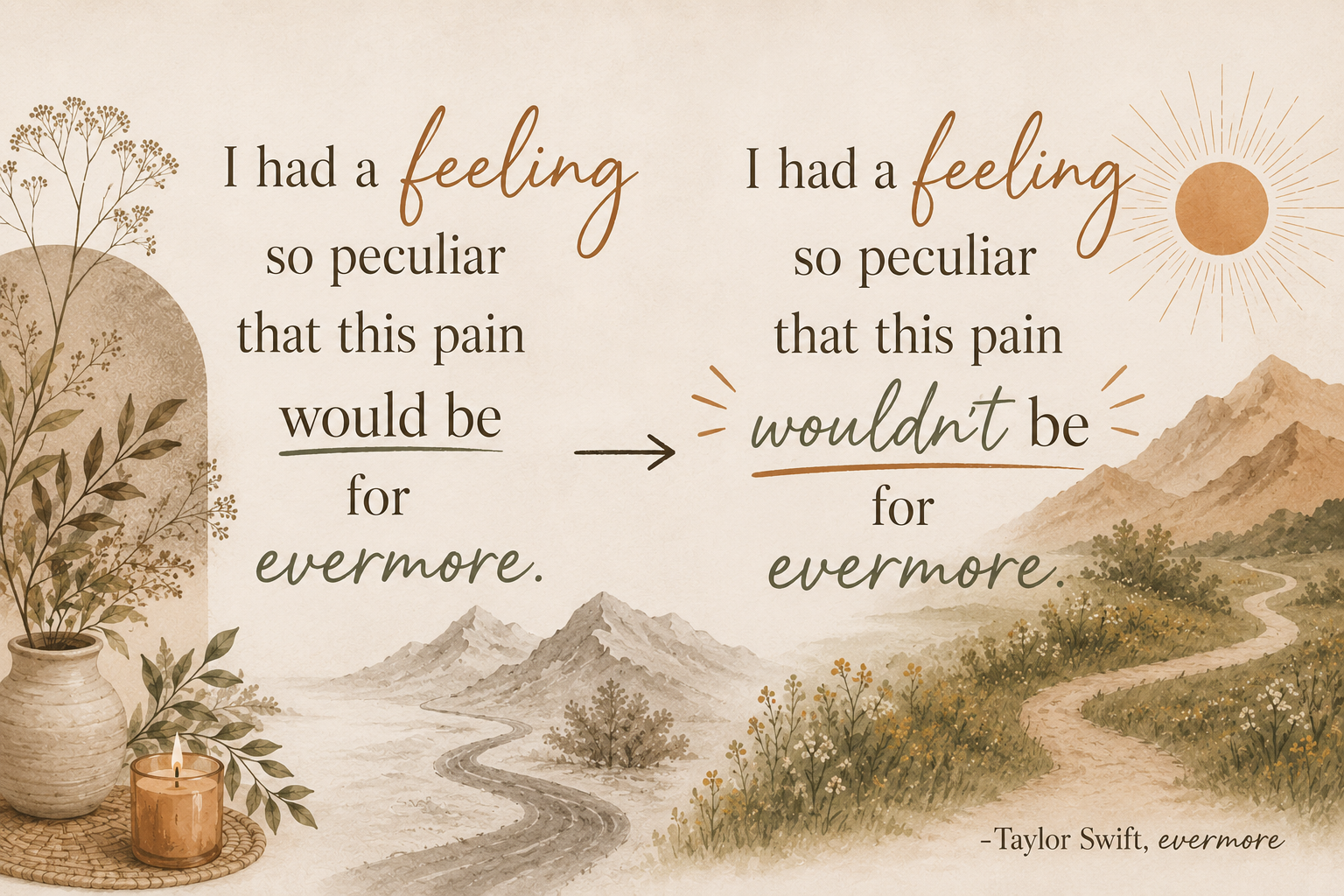 A scenic illustration with mountains, a winding path, a sun, and plants. Overlaid is a quote by Taylor Swift from the song 'evermore'.