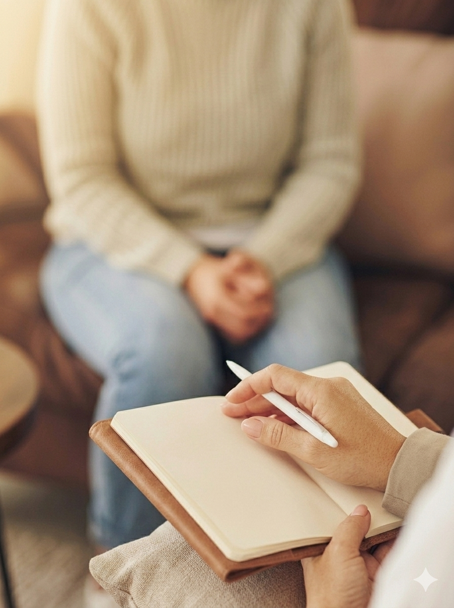 A person holding a pen and a blank notebook, facing a woman sitting on a couch with hands clasped, in a cozy indoor setting.
