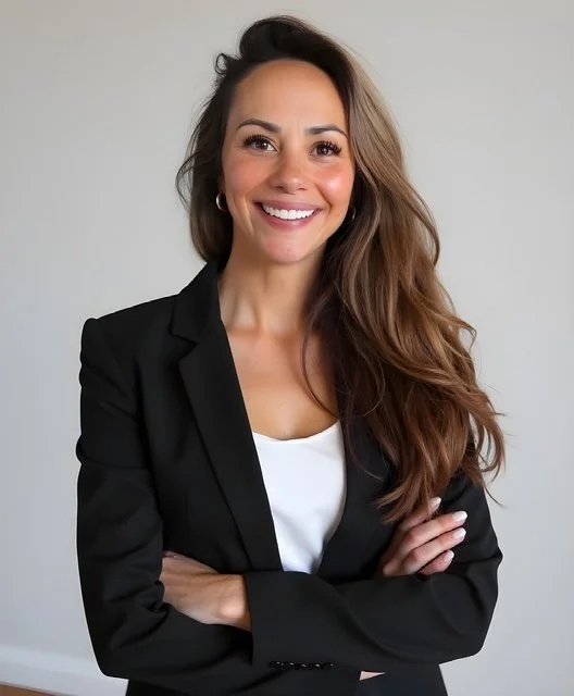 Dr. Ellison has long wavy brown hair, is smiling and wearing a black blazer with white top, standing with arms crossed against a plain light gray background.