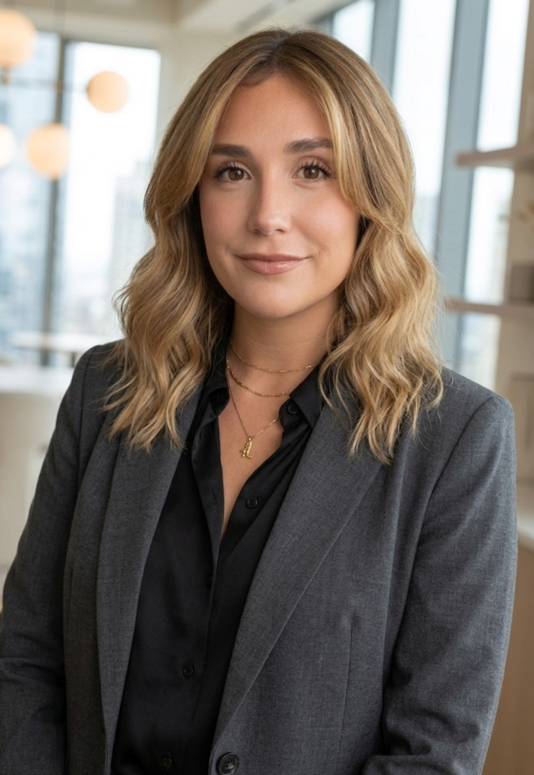 Dr. Christoph has blonde wavy hair and is wearing a gray blazer with black blouse, posing in an office with large windows and modern light fixtures.