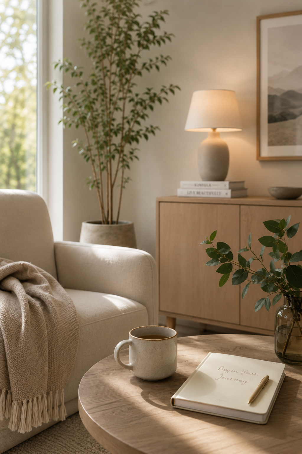 Cozy living room with a beige sofa, a wooden coffee table with a mug and a notebook titled 'Begin Your Journey', a large potted plant, a sideboard with a lamp, books, and artwork, bathed in natural light.