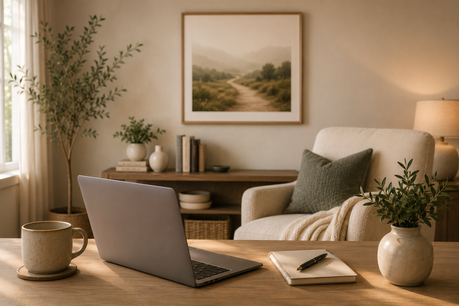 A home office with a wooden desk holding a closed silver laptop, a beige ceramic coffee mug on a wooden coaster, a notebook with a pen, and a potted plant. Behind, there is a beige armchair with a dark green pillow and a beige throw blanket. In the background, a wooden sideboard with books, vases, and bowls, a framed landscape painting, and a table lamp, with a large leafy plant near a window with curtains.