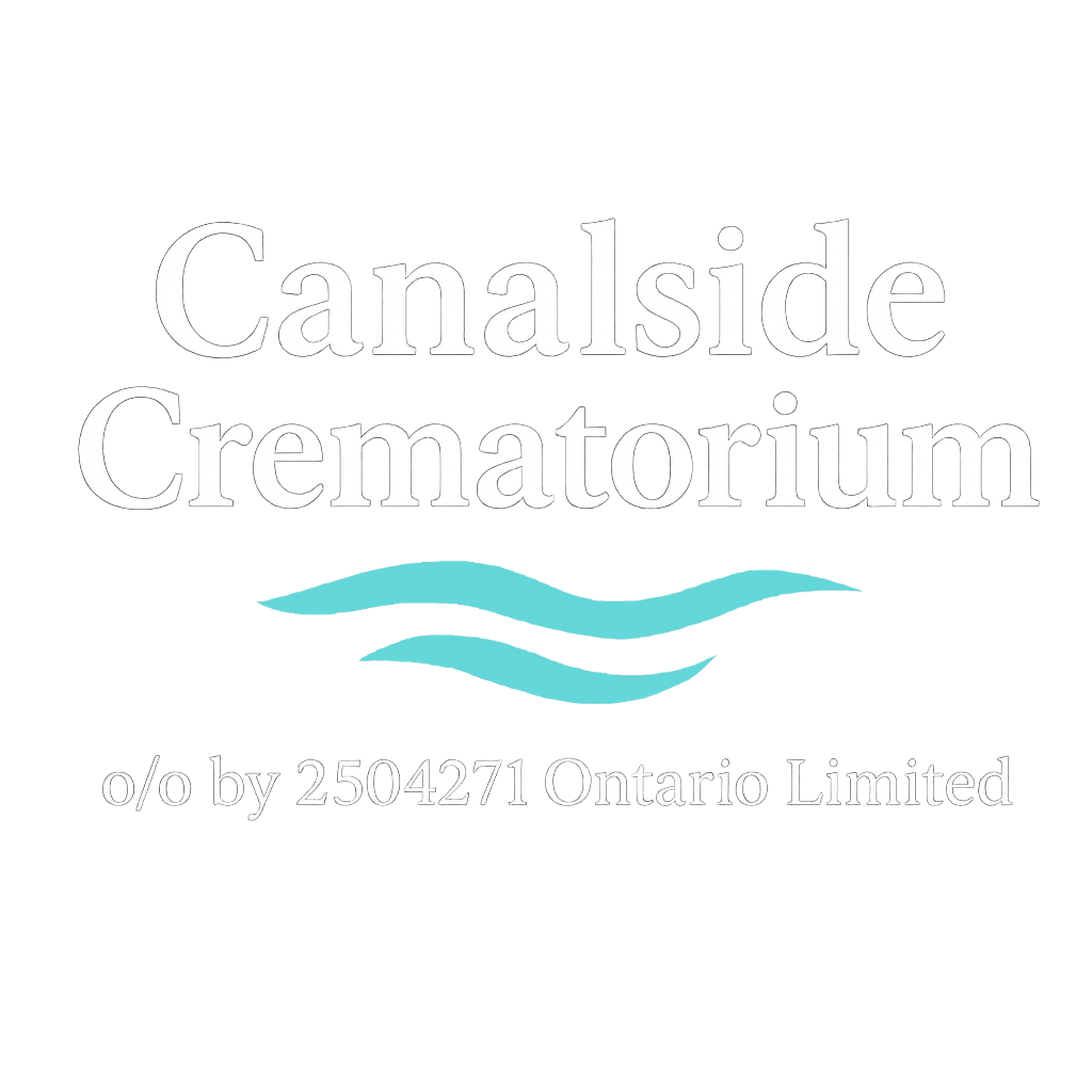 Logo for Canalside Crematorium with blue water waves and company information.