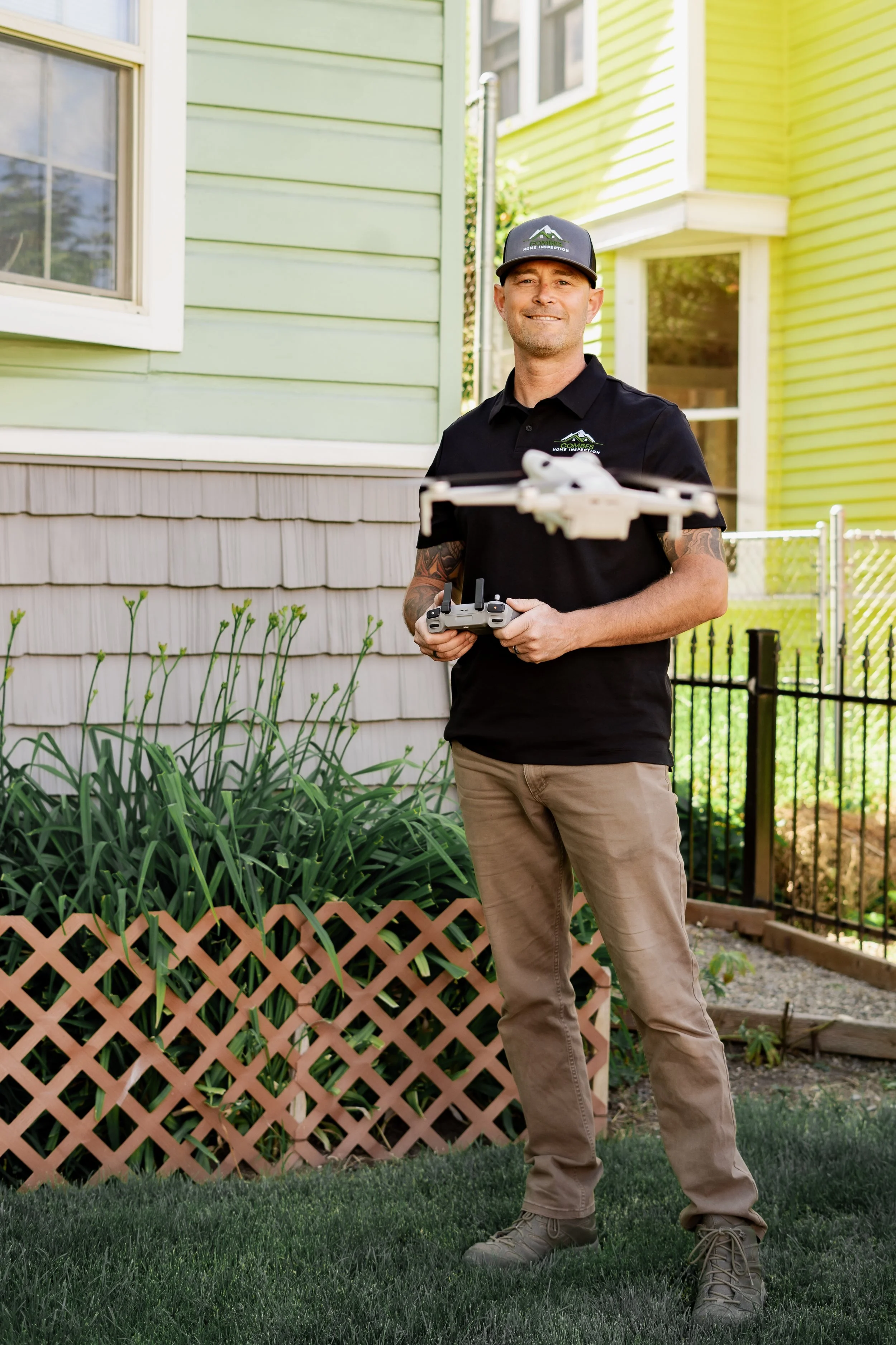 Sebastian Combes flies drone for local home inspection in Baker City, Oregon.