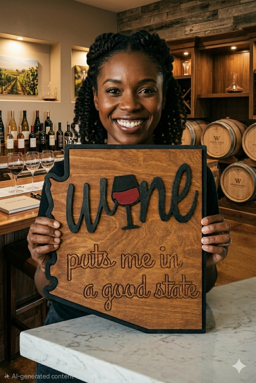Woman smiling and holding a wooden sign that says "wine puts me in a good state" with a wine glass graphic on it, in a wine tasting room with wine bottles and barrels in the background.