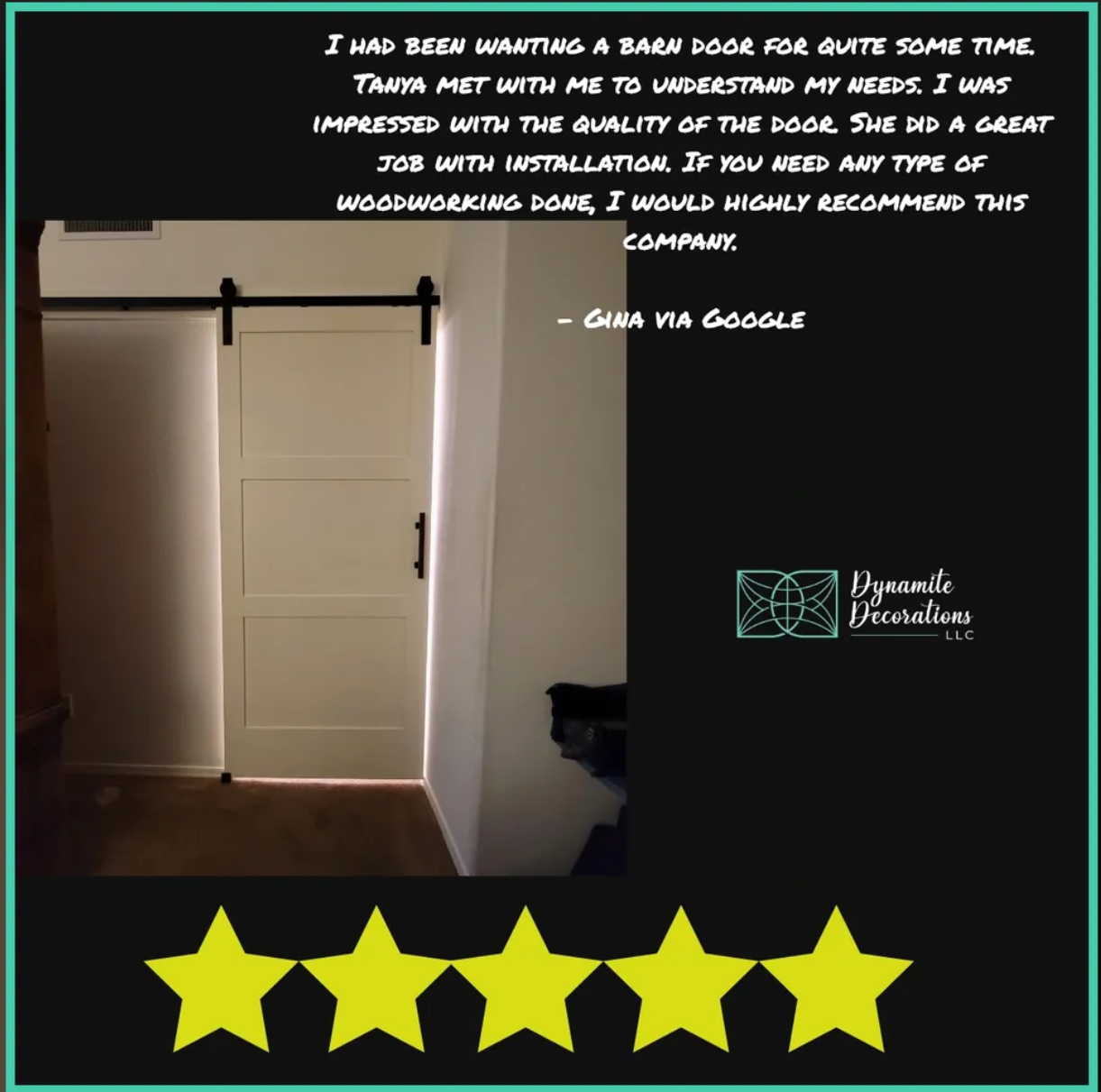 Image of a white barn door with black hardware, installed as a sliding door on a black track, illuminated by light from the sides, with a review overlay in black, white, and yellow colors.