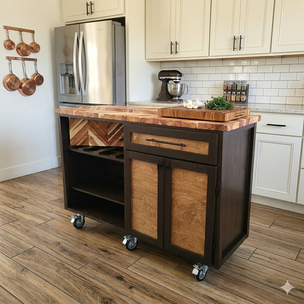 A kitchen island cart with a wooden countertop, black and wood cabinet doors, and wheels for mobility, placed in a kitchen with white cabinets, a stainless steel refrigerator, and copper hanging pots.