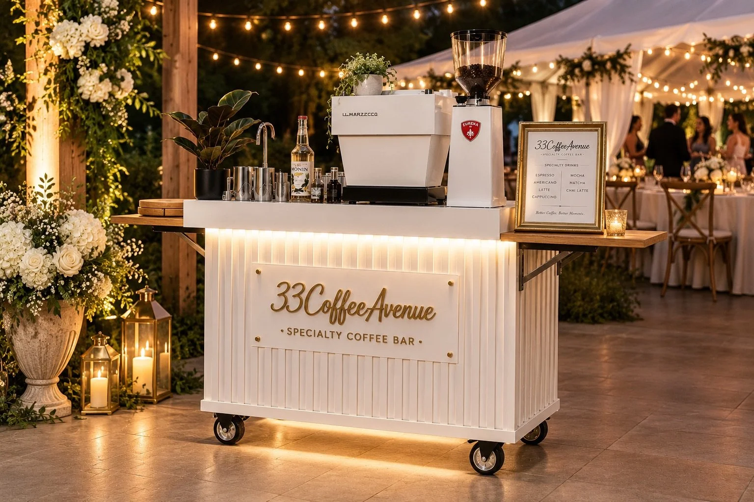A white mobile coffee bar with gold lettering reading '33 Coffee Avenue' and 'Specialty Coffee Bar.' The bar is decorated with flowers, candles, and a framed menu listing various coffee drinks. Behind the bar, a tent with string lights and a group of elegantly dressed people are visible at an outdoor event or wedding reception.