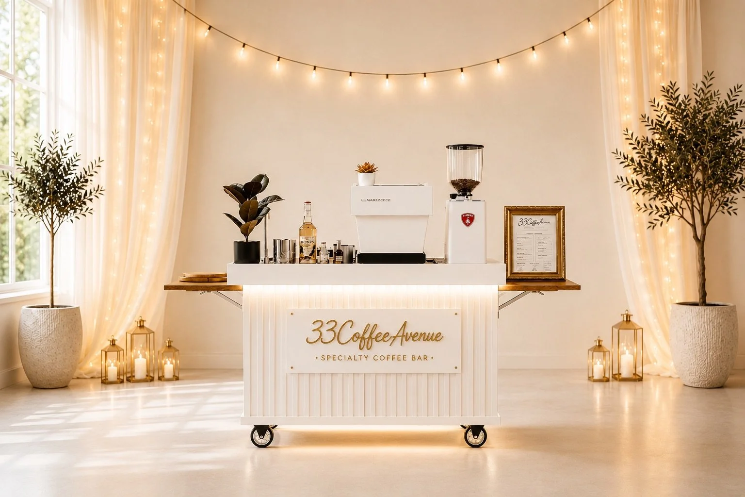 A beautiful coffee cart being used in a private wedding venue serving specialty espresso catering. This cart is also used for corporate and brand activation marketing events. Commercial espresso machine La Marzocco Linea Mini is on the cart.