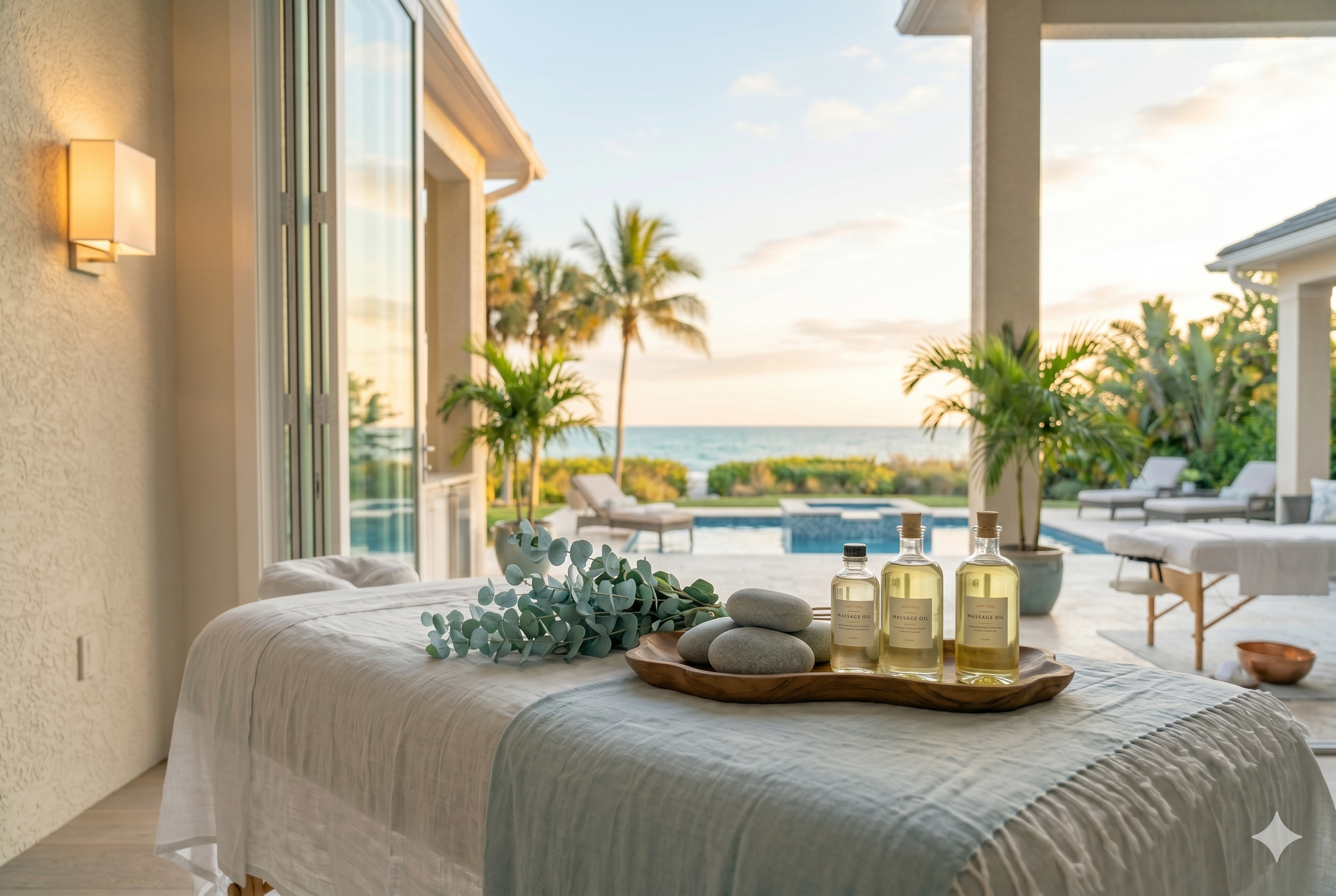 Beachside spa setting with a massage table, bottles of massage oil, smooth stones, eucalyptus, and a view of palm trees and the ocean beyond.