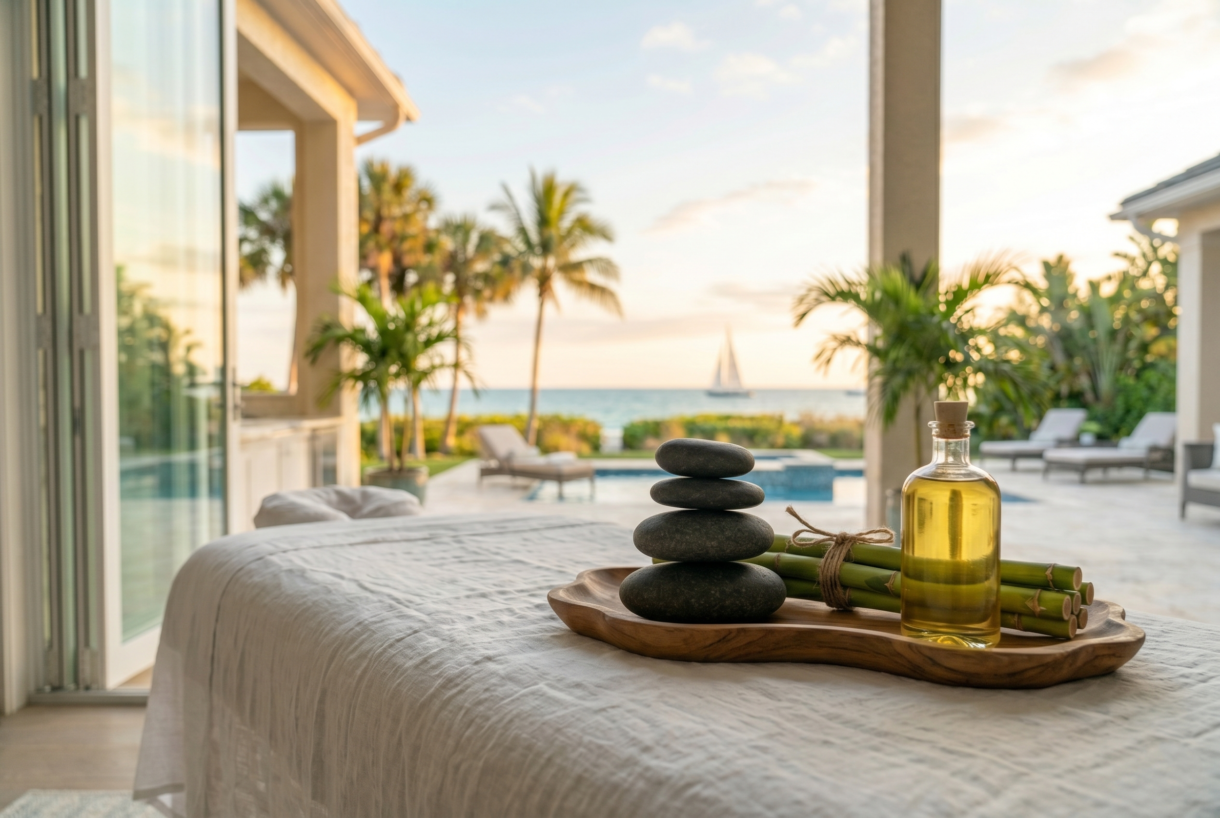 Table with decorative stones, a bottle of massage oil, and bamboo sticks in a bright room with large windows, overlooking a patio with palm trees and a sailboat on the water at sunset.