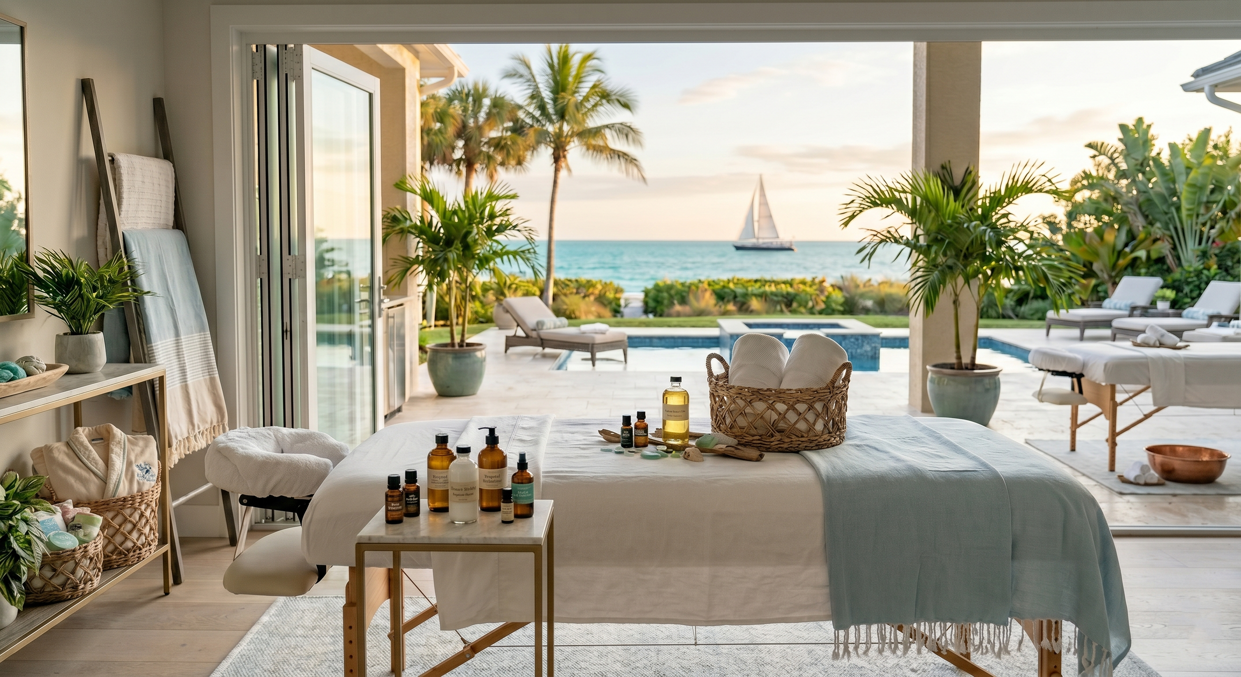 A spa or massage room with an open view of the ocean, palm trees, and a sailboat in the distance. There is a massage table, bottles of oils, and lush green plants indoors.