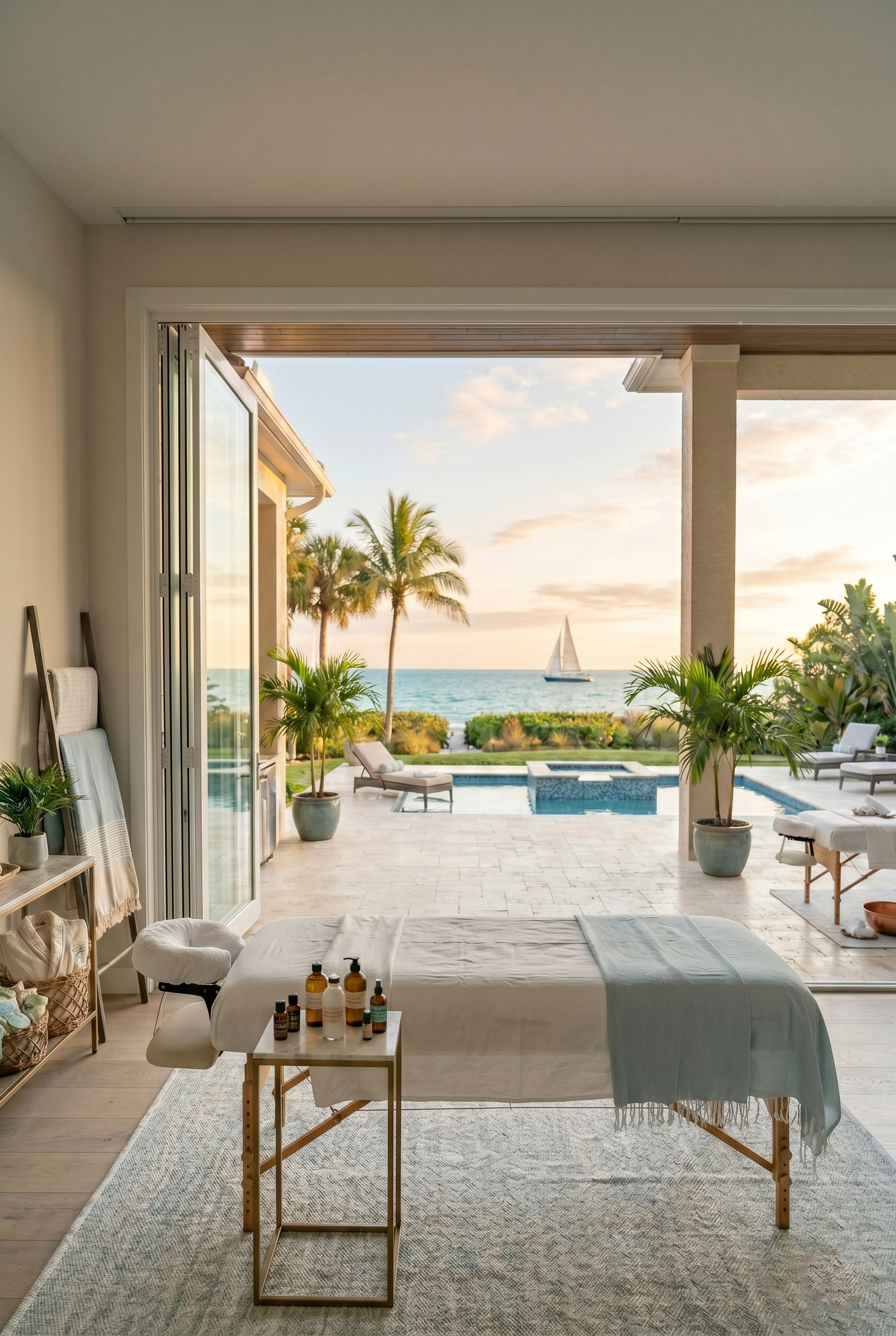 A spa room with a massage table covered with a white sheet and a light blue towel, with bottles of skincare products on a side table, in front of a large open patio door leading to an outdoor area with a pool, palm trees, and ocean view with sailboat in distance at sunset.