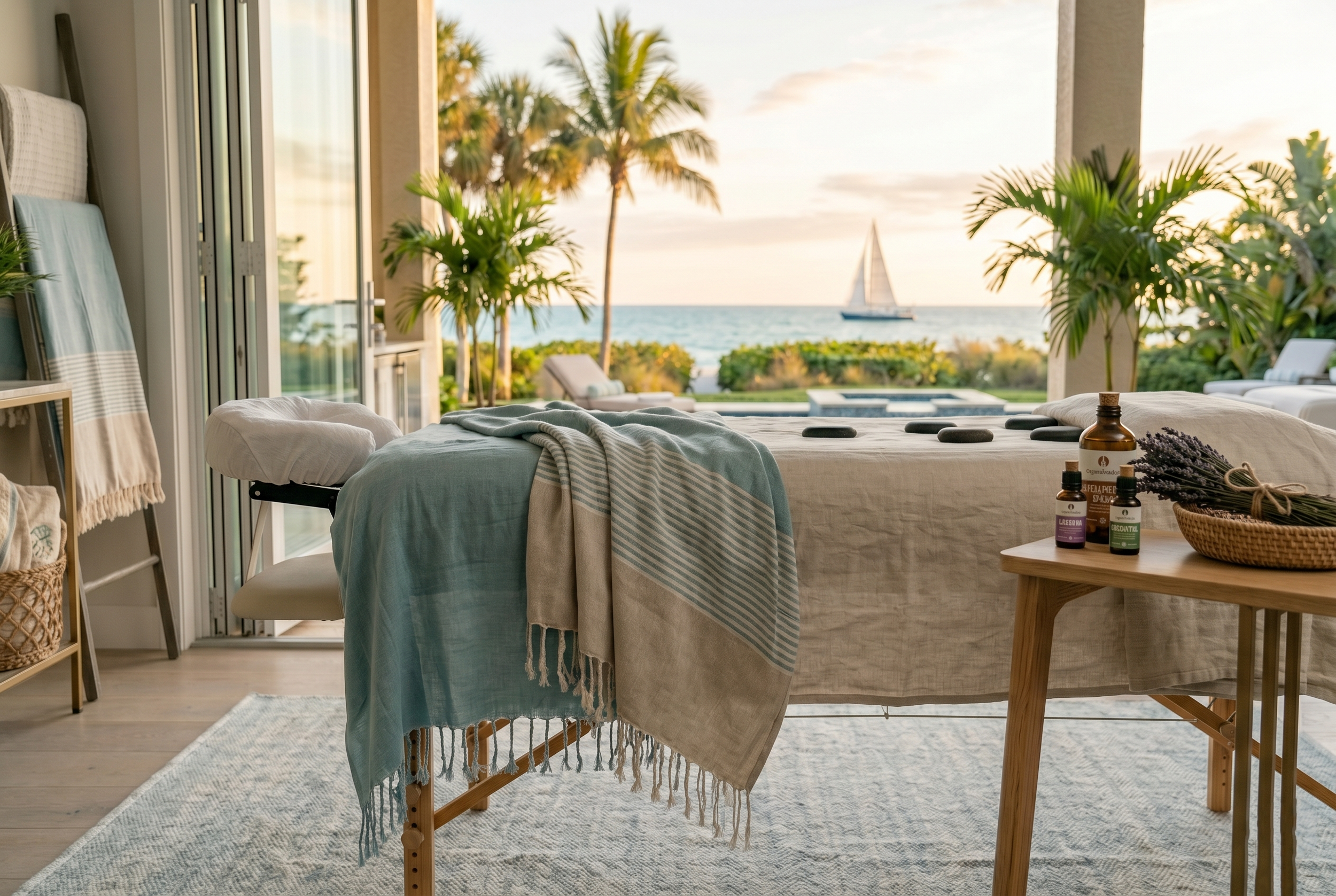 A massage table with a towel and stones, surrounded by plants, with a view of the ocean and a sailboat through open doors.