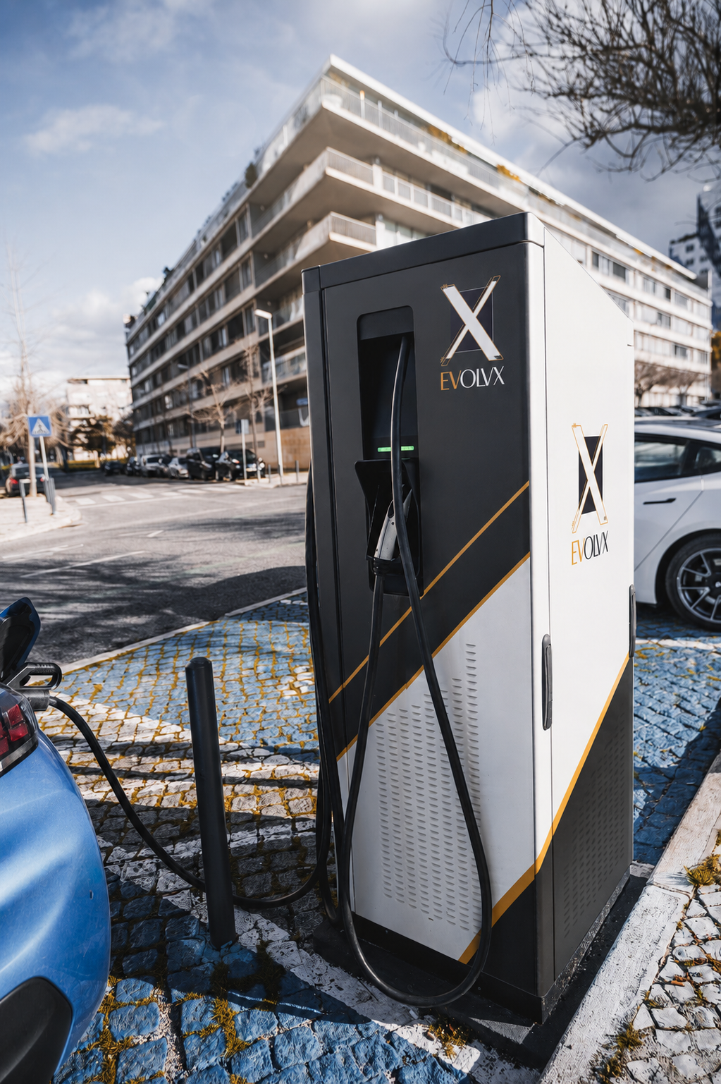 Rendering of an EVolvX DC fast charging station installed at a commercial property