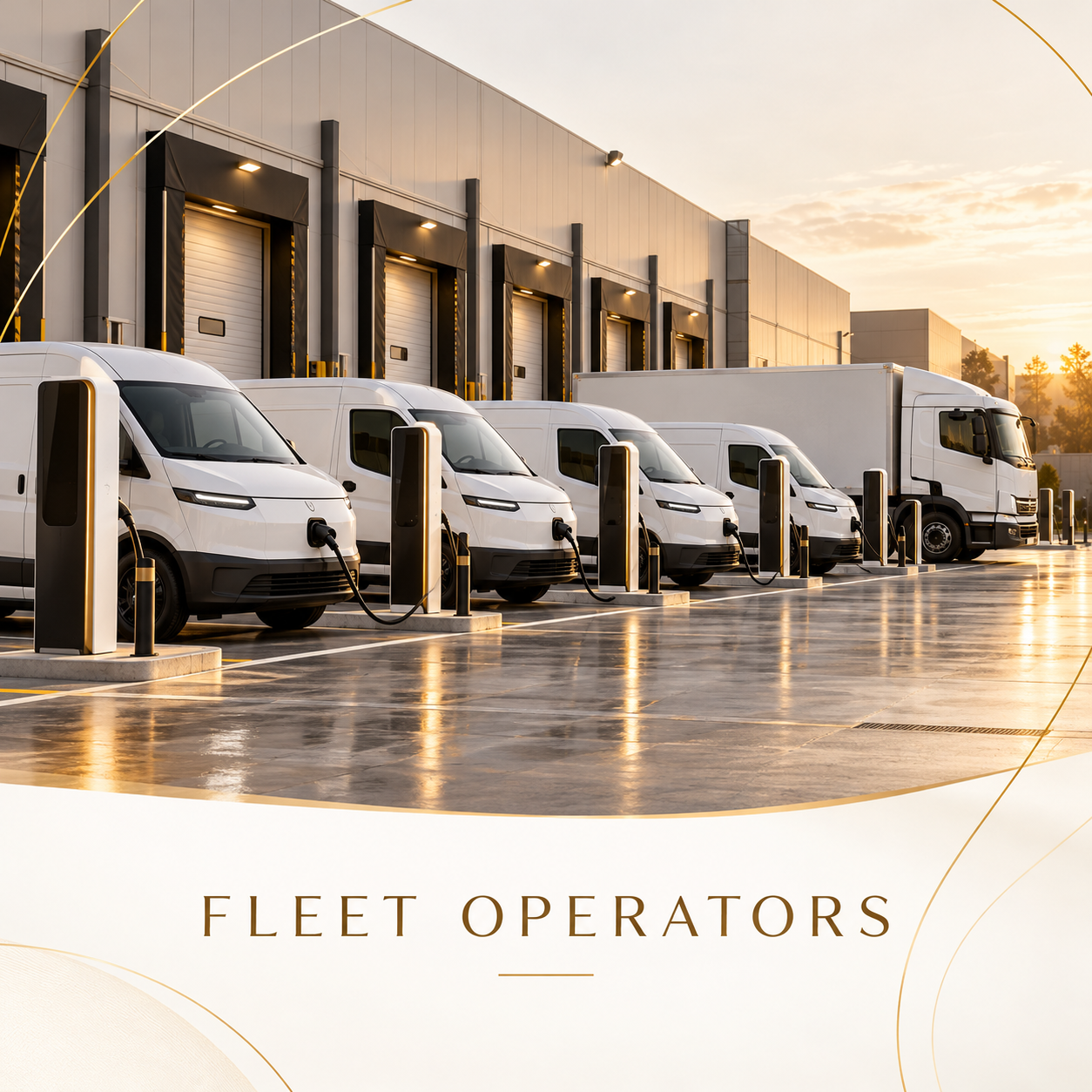 Electric delivery vans and a box truck charging at a fleet depot with loading docks