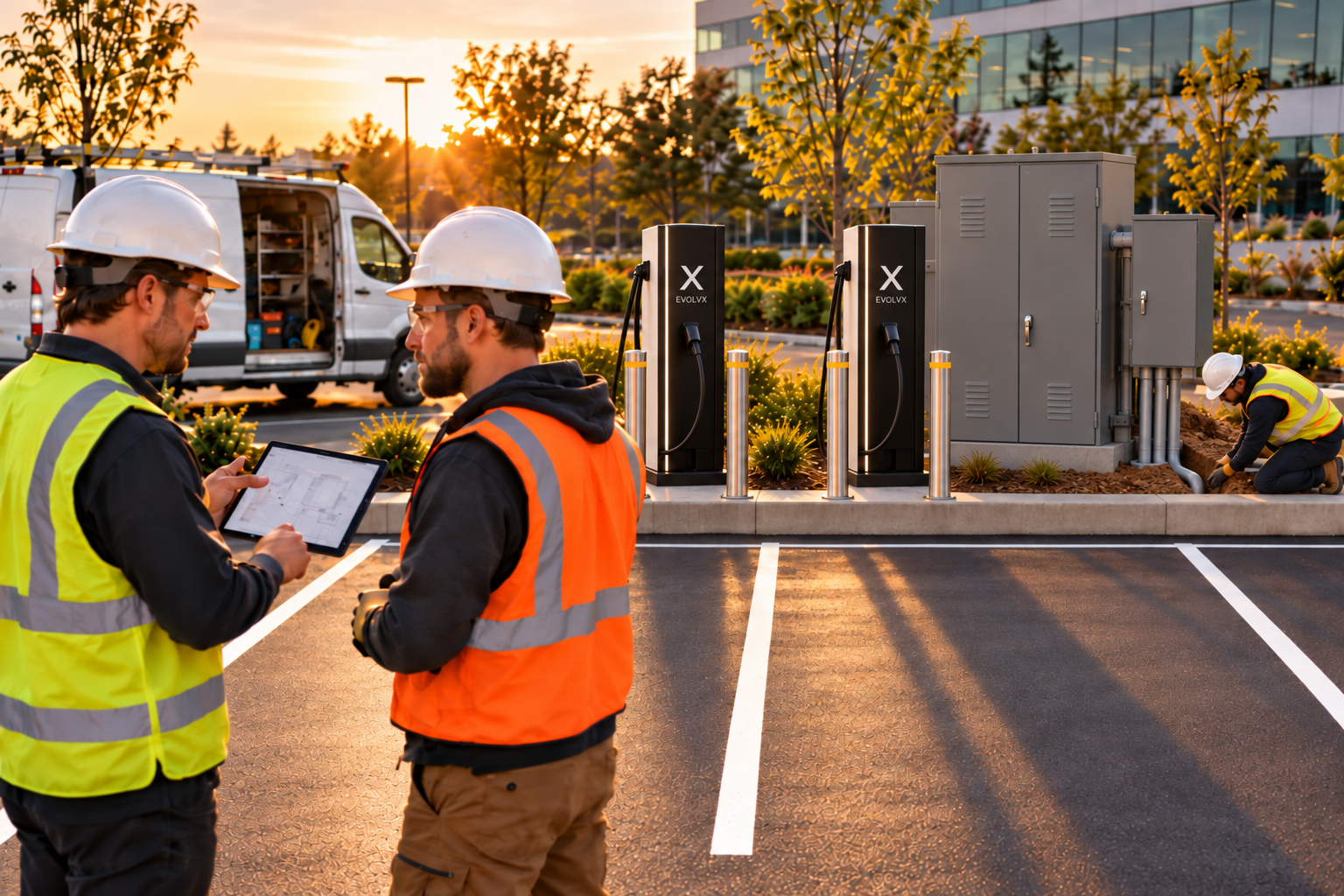 Illustration of an engineer and electricians installing commercial EV charging stations