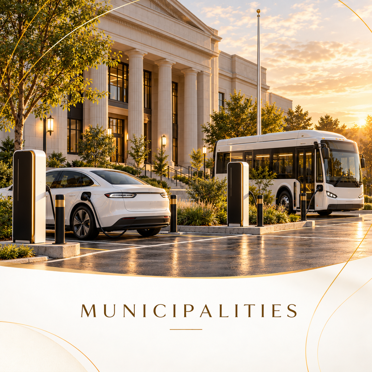 Electric sedan and electric transit bus charging in a public lot outside a civic building