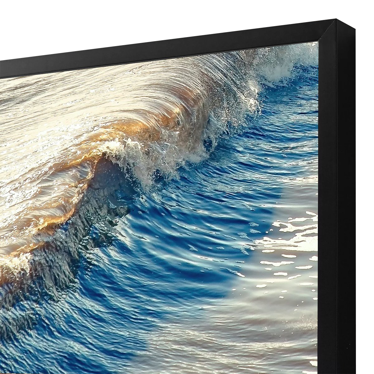 Close-up of a moving water wave with sunlight reflections, seen as a photo print.