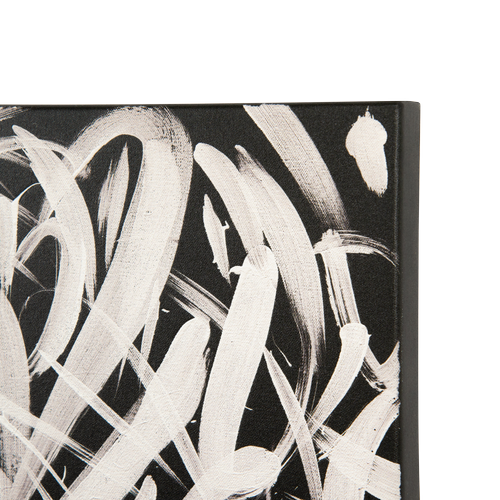 Close-up of a black and white painting, gallery mounted, with abstract white brush strokes and lines. 