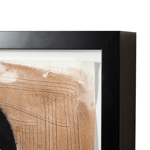 Close-up of an art print in a shadow box black frame, featuring a brown watercolor background with a grid pattern.