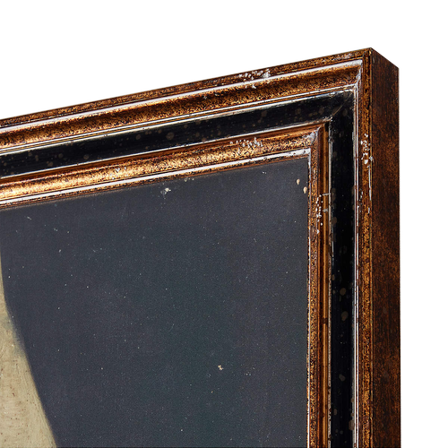 Close-up of an antiqued frame with a painting inside it. 