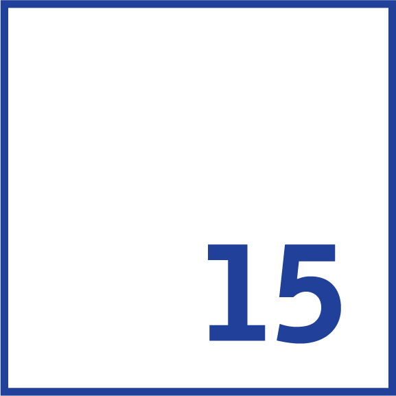 Blue square with the number 15 inside it, the logo of The Fifteen Group