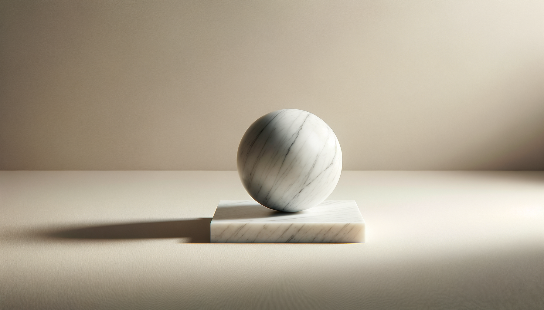 A spherical marble sculpture with gray veining, sitting on a rectangular marble base, casting a shadow on a light beige surface with a matching beige background.