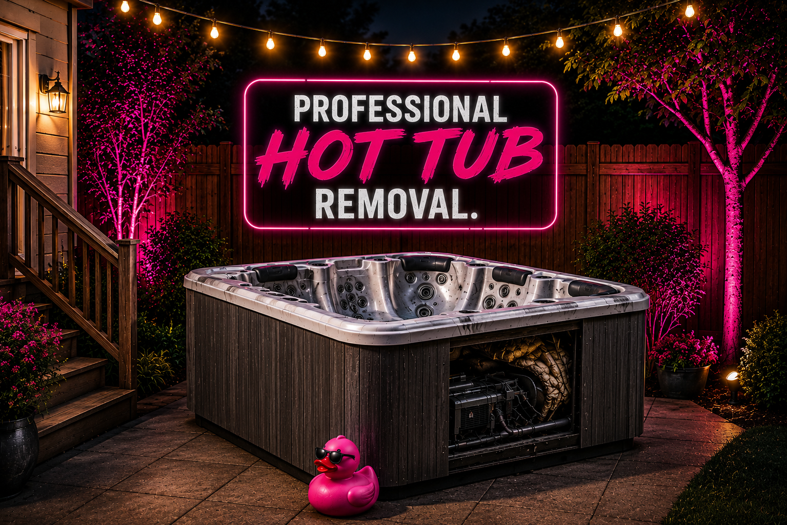 Night scene featuring a hot tub with a neon sign that reads 'Professional Hot Tub Removal,' surrounded by pink and purple lighting, plants, and outdoor string lights.