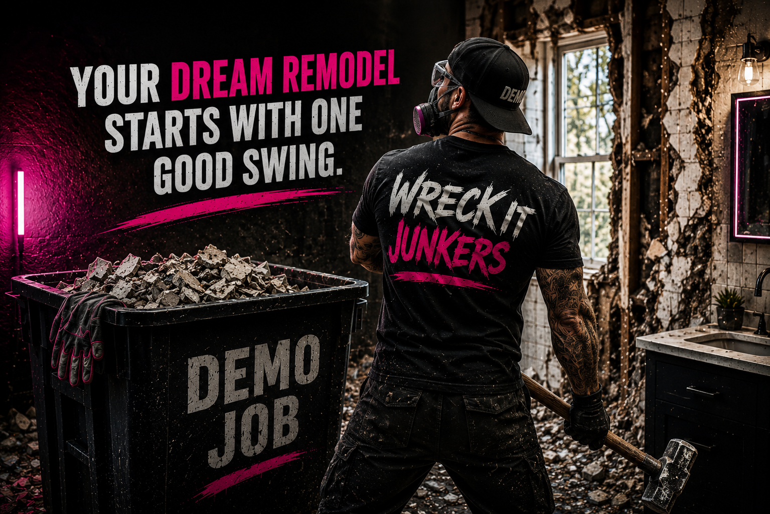 A man wearing a black cap, goggles, and a black t-shirt with the words 'WRECK IT JUNKERS' in pink and gray, standing in a room with damaged walls, holding a sledgehammer near a large container filled with rocks and debris. The wall behind him has a motivational message: 'Your dream remodel starts with one good swing.'