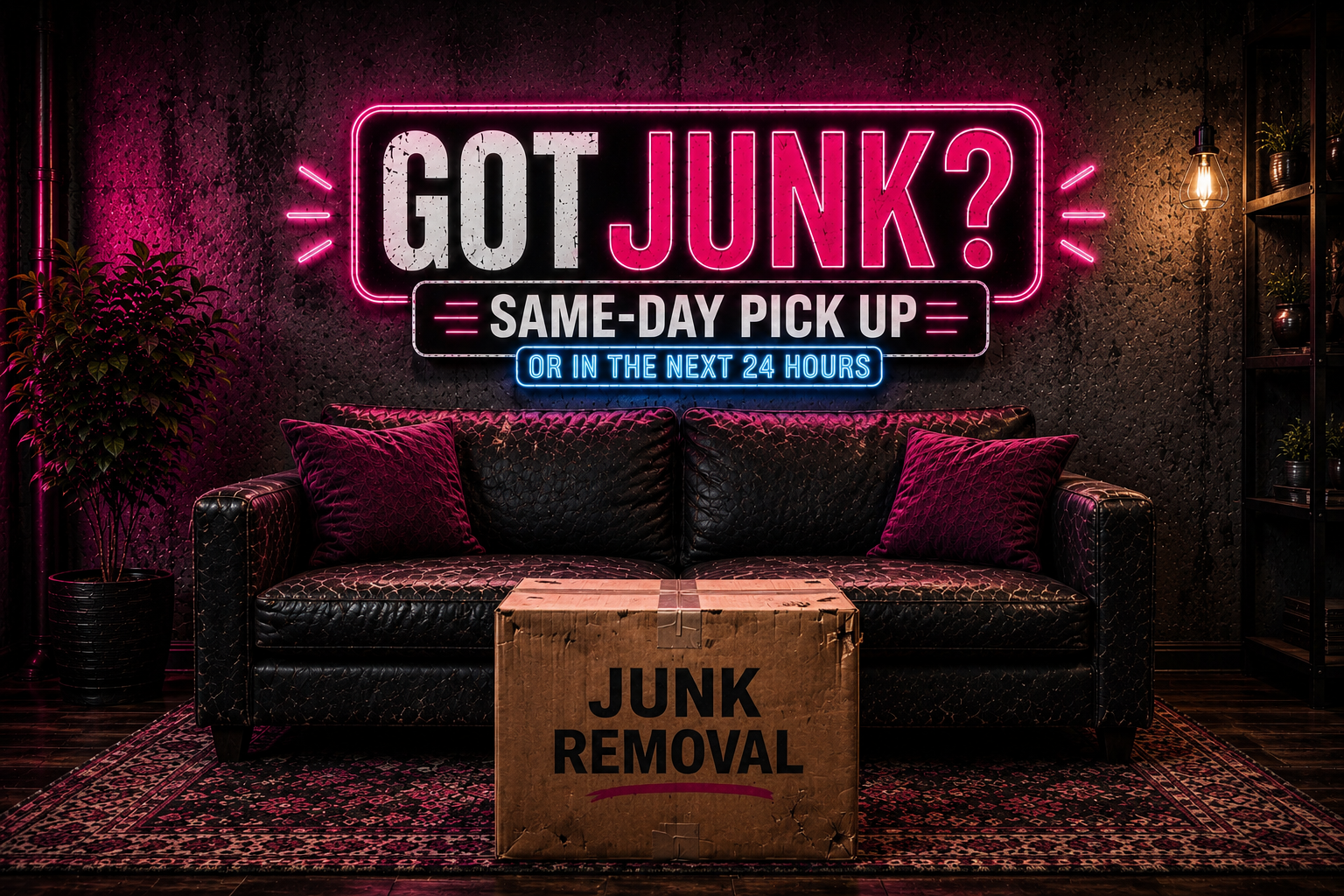 Neon sign advertising junk removal with same-day pickup or within 24 hours, placed behind a black leather couch with purple pillows, in a dimly lit room with a textured wall, a potted plant, a box labeled 'Junk Removal', and a bookshelf with plants and decor.