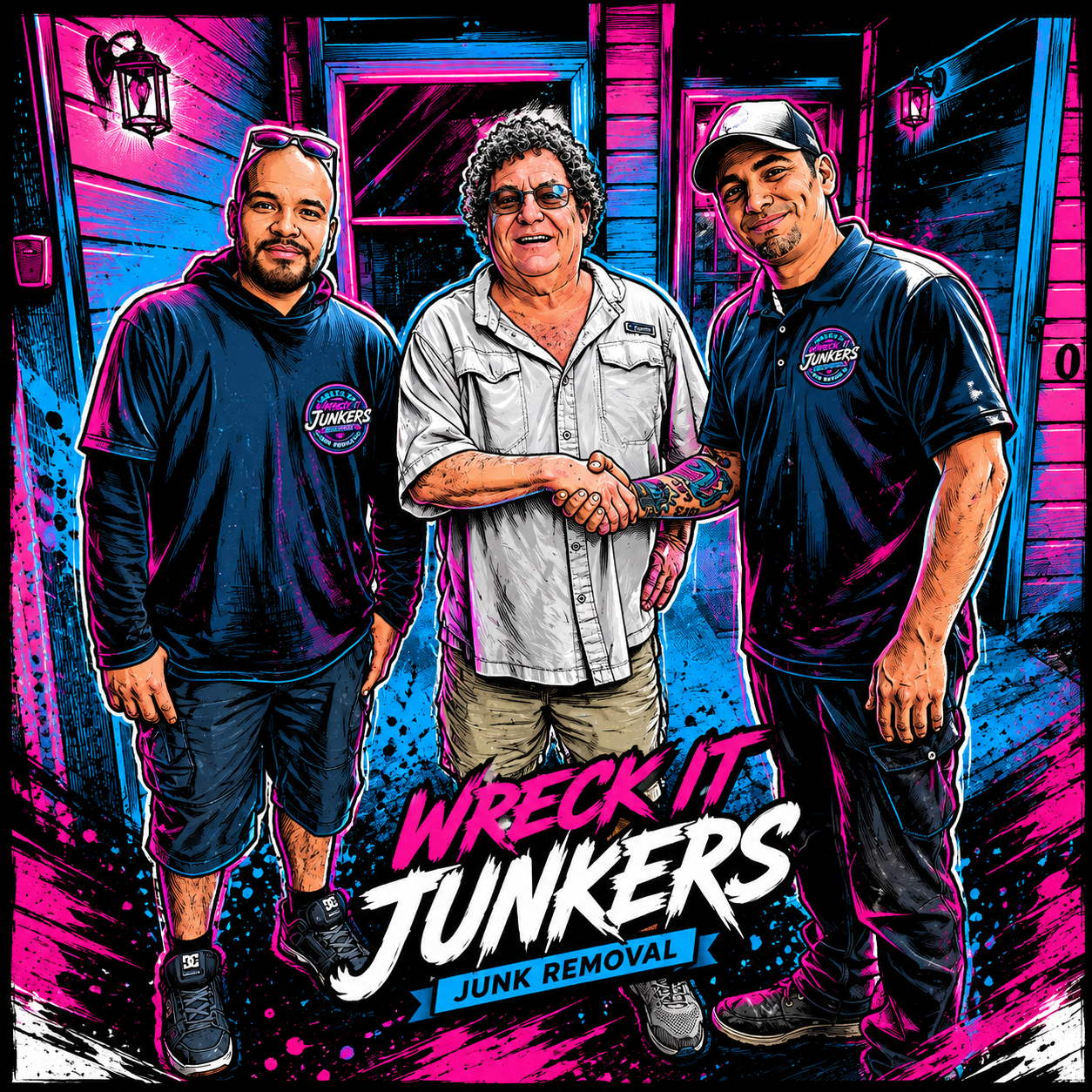 Three men standing outside a house, shaking hands. Two are wearing black shirts with a logo for Wreck It Junkers Junk Removal, and the man in the middle is wearing a light-colored button-up shirt. The house has a wooden exterior with blue and pink neon lighting effects added digitally to give a colorful, pop-art style appearance.