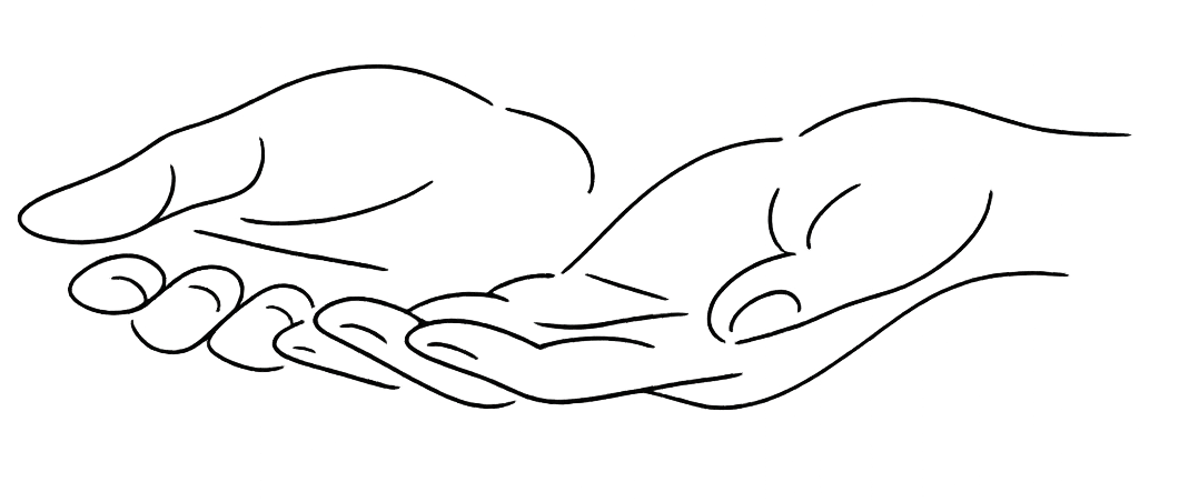 Outline drawing of two hands gently holding each other.