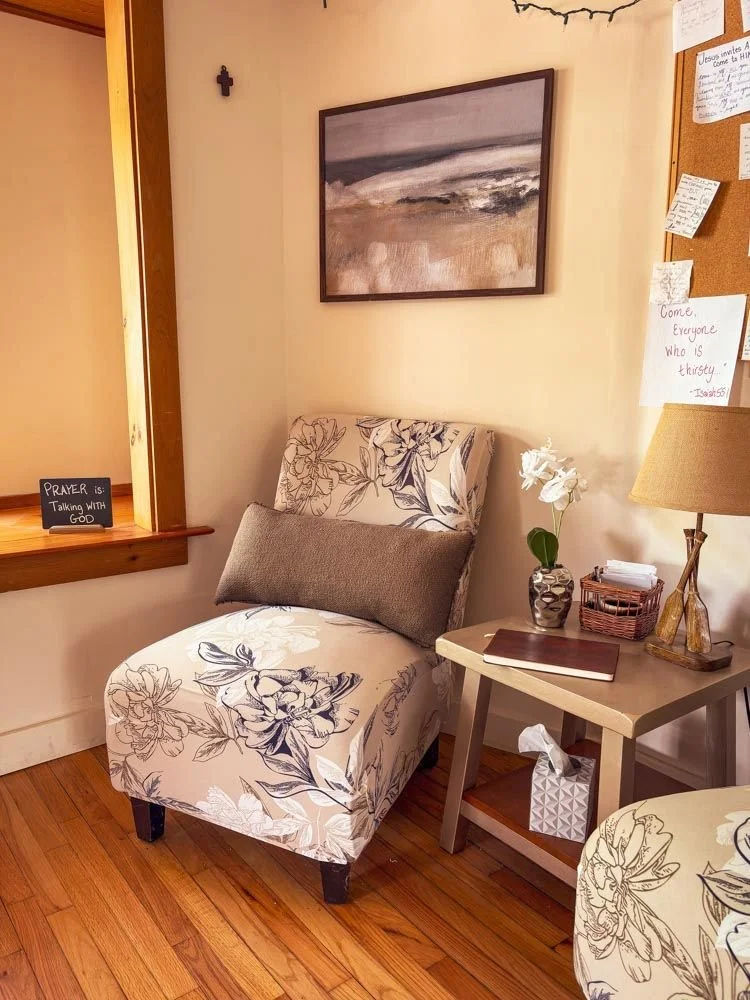 A chair in the entryway at The Living Room, Henniker NH