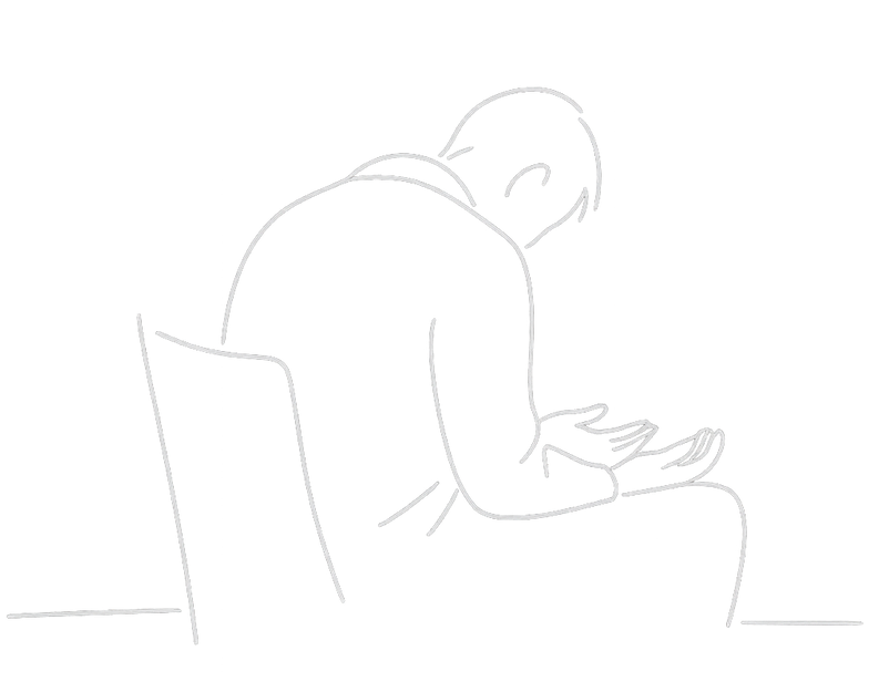 Line drawing of a person sitting on a chair, facing sideways, with head resting on one hand and the other hand on their lap.