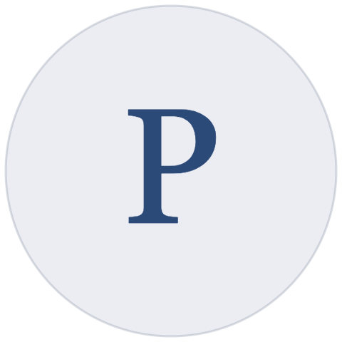 A logo with a large blue letter 'P' inside a light gray circle on a dark background.
