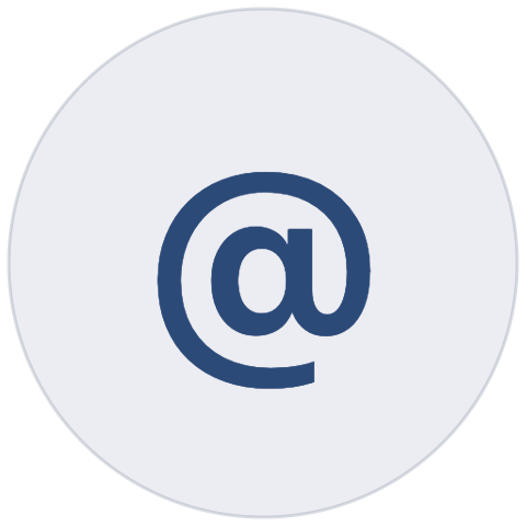 At symbol (@) icon on a circular gray background.