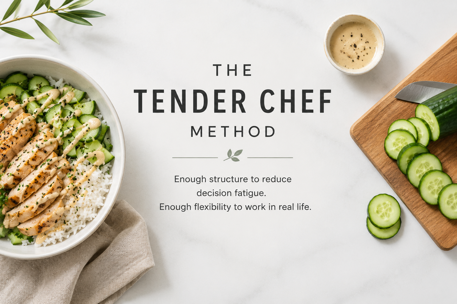 A white bowl of rice topped with sliced chicken and drizzled with creamy sauce, accompanied by sliced cucumbers on a wooden cutting board. Text overlay reads 'The Tender Chef Method' with a subtitle about reducing decision fatigue and working flexibly in real life.