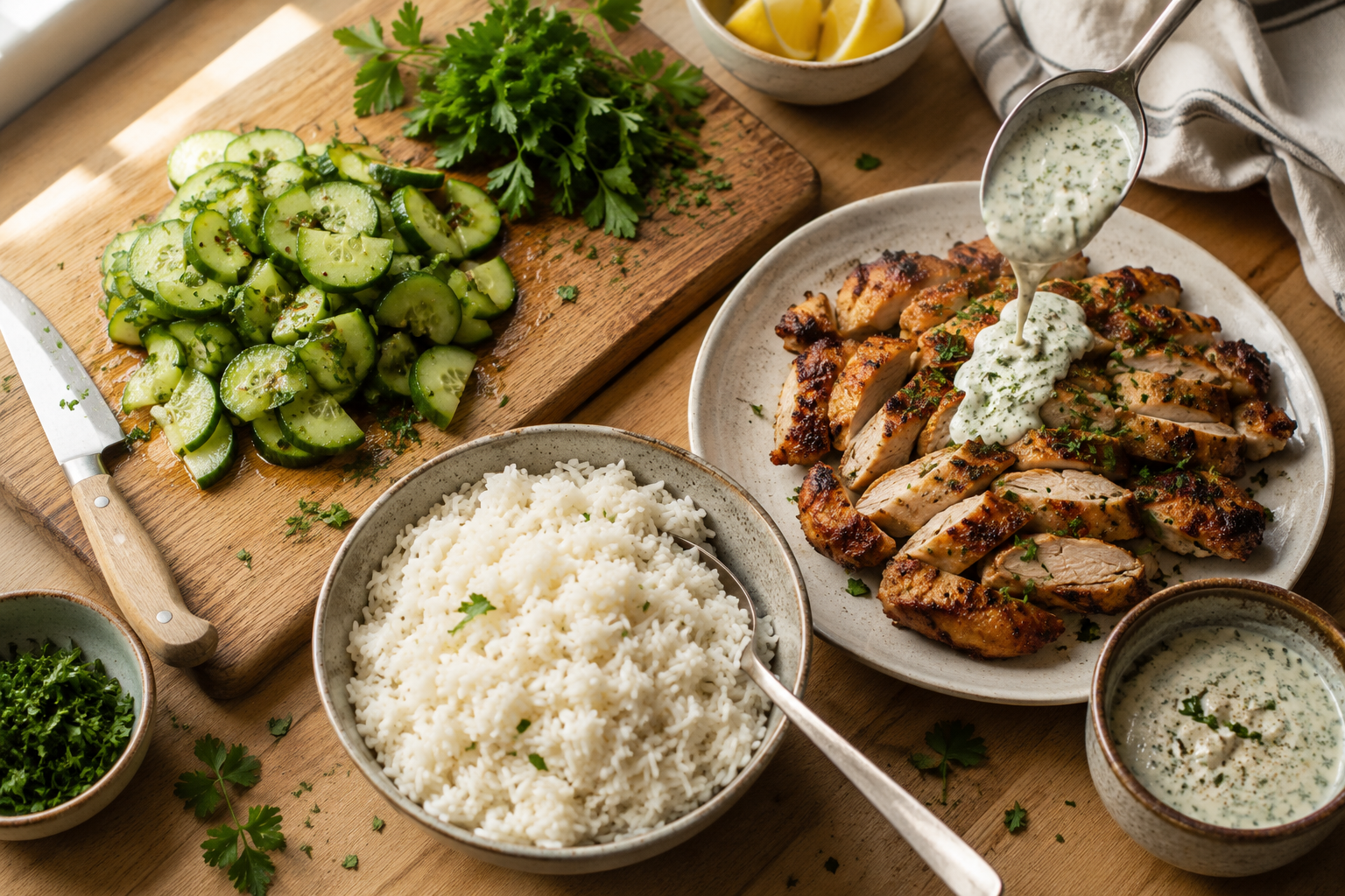 A meal featuring chopped cucumbers and parsley on a wooden cutting board, a bowl of cooked rice, grilled chicken topped with a creamy herb sauce, and small bowls of extra herb sauce and chopped parsley on a wooden table.