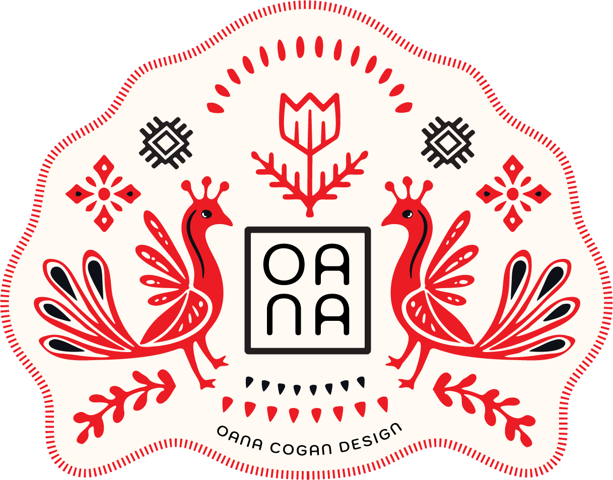 A decorative design featuring two stylized red peacocks with black accents, symmetrical floral and geometric patterns, and a central square containing the text 'OANA.' The background is cream-colored with a red dotted outline.