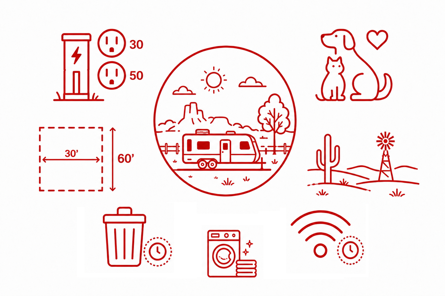 Line art illustration of campsite essentials and environmental symbols, including a solar panel, warning signs, a camper trailer, animals, desert plants, a trash bin, laundry and Wi-Fi icons, and landscape featuring a mountain, trees, and a windmill.