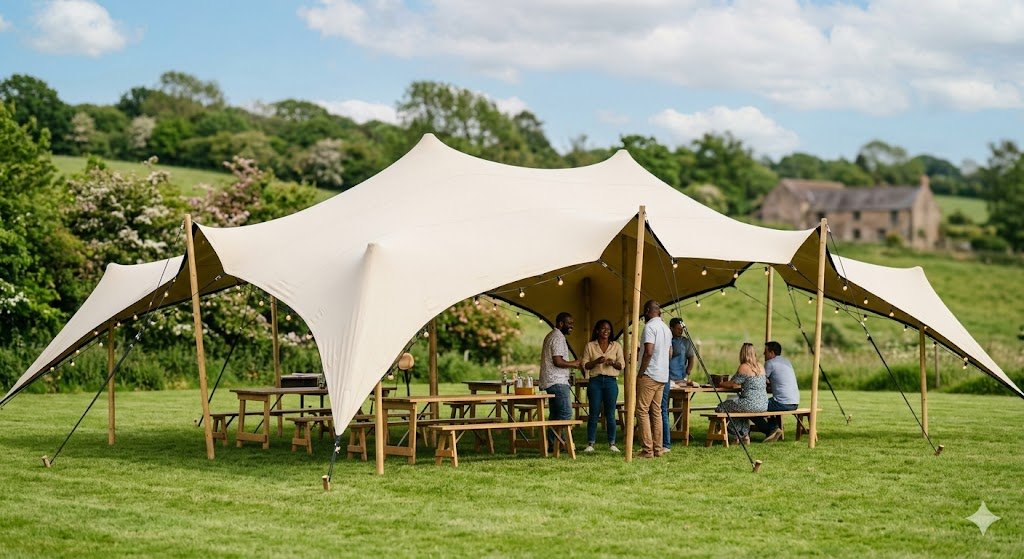 A large outdoor tent set up on a grassy field with people socializing inside, surrounded by trees and rural landscape, under a partly cloudy sky.