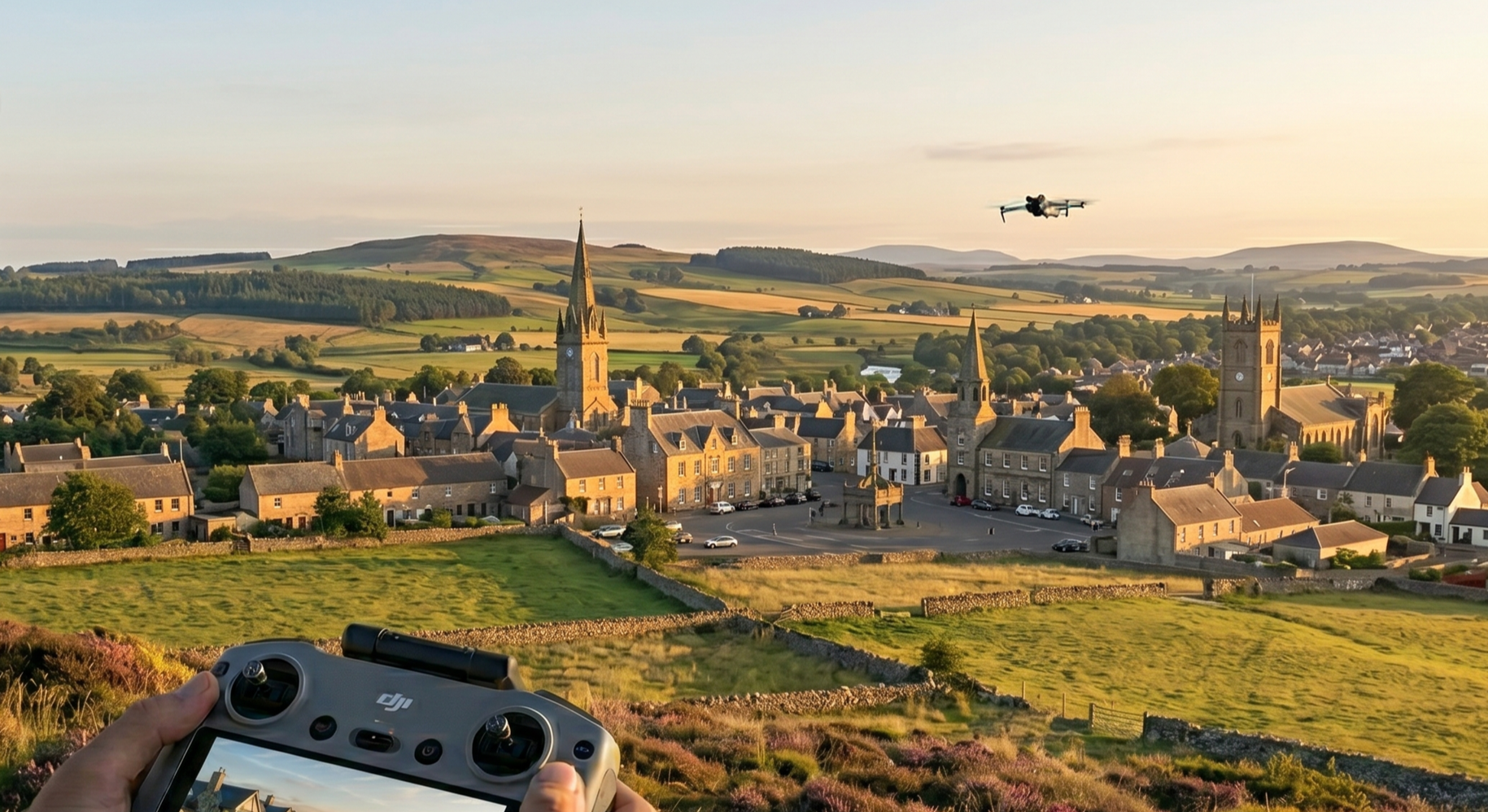 Aerial view of a small town with stone buildings and church steeples, rolling green hills in the background, drone flying overhead, and a person holding a drone remote control in the foreground during sunset.