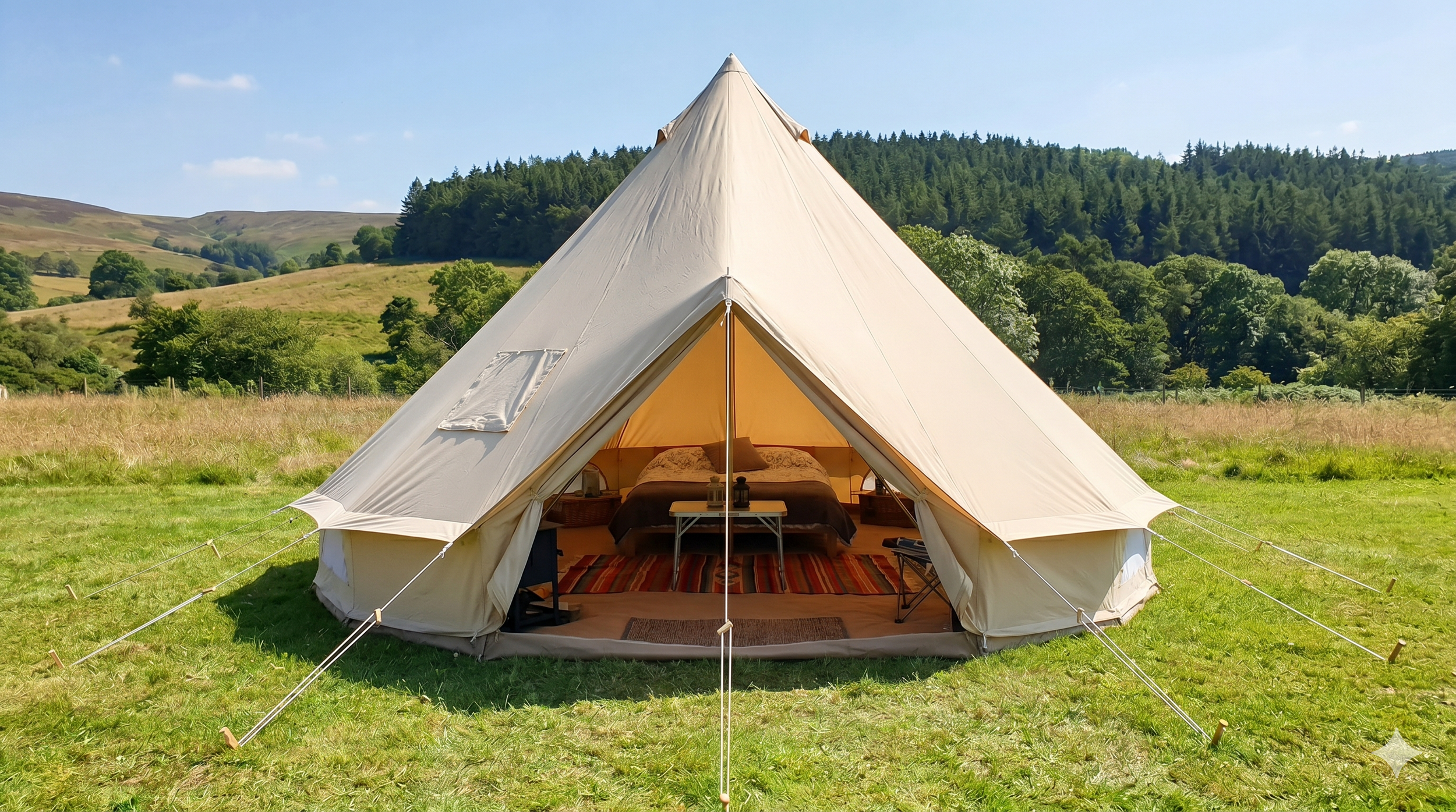 A large beige canvas tent set up in a grassy field with hills and trees in the background, a bed with pillows visible inside.