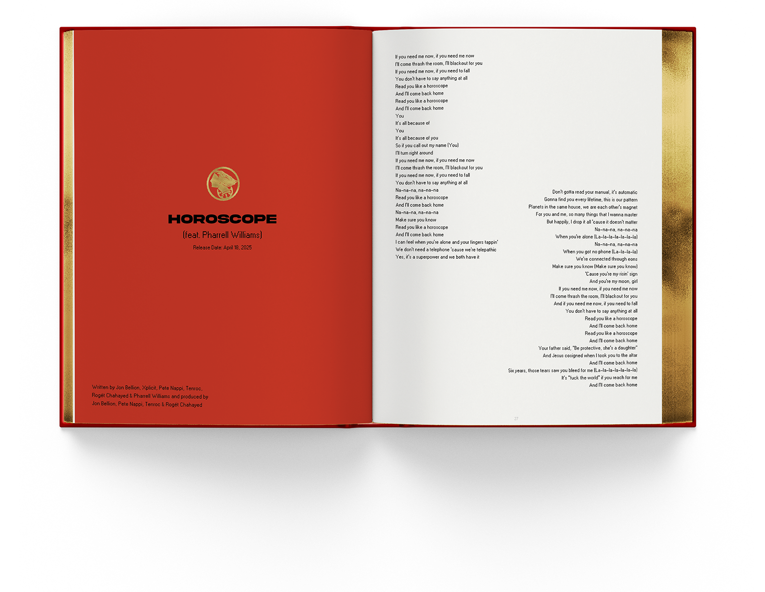 Lyric spread from Father Figure, with Jon Bellion's handwriting in red facing black text and a gold emblem carrying hand-built spot varnish.
