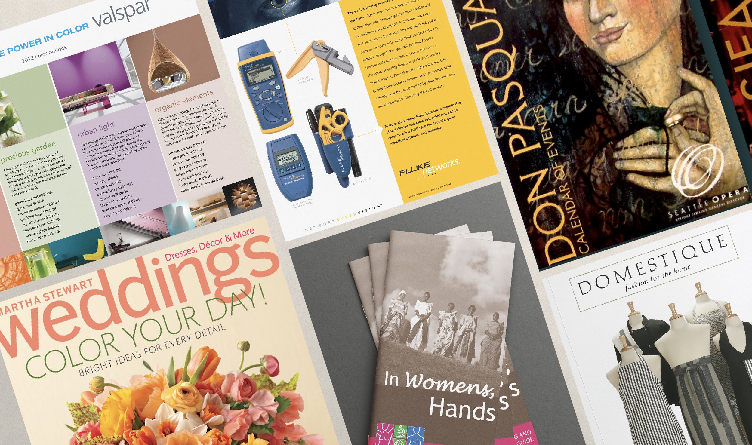 Overlapping printed pieces with colorful magazine and brochure covers.