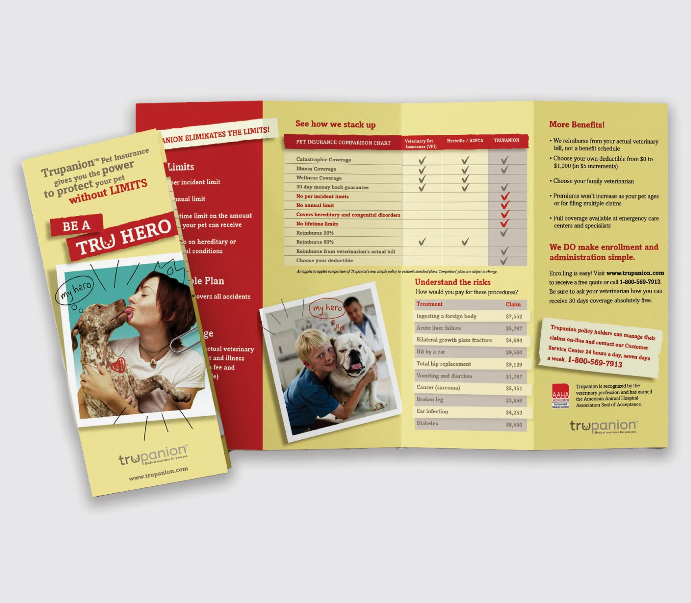 Trupanion pet insurance brochures and flyers featuring pets and their owners.